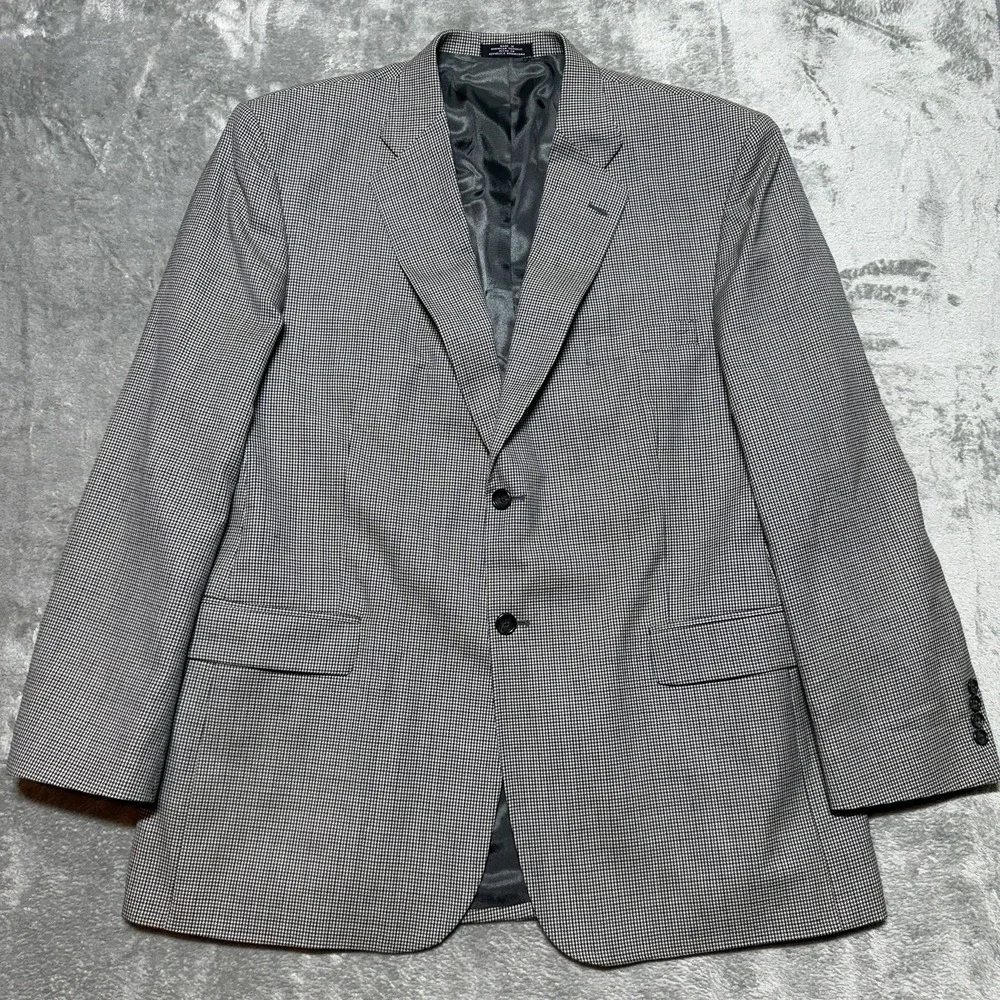 Stafford 46L Houndstooth Sport Coat 100%‎ Pure New Wool Gray Blue Blazer 46 Long